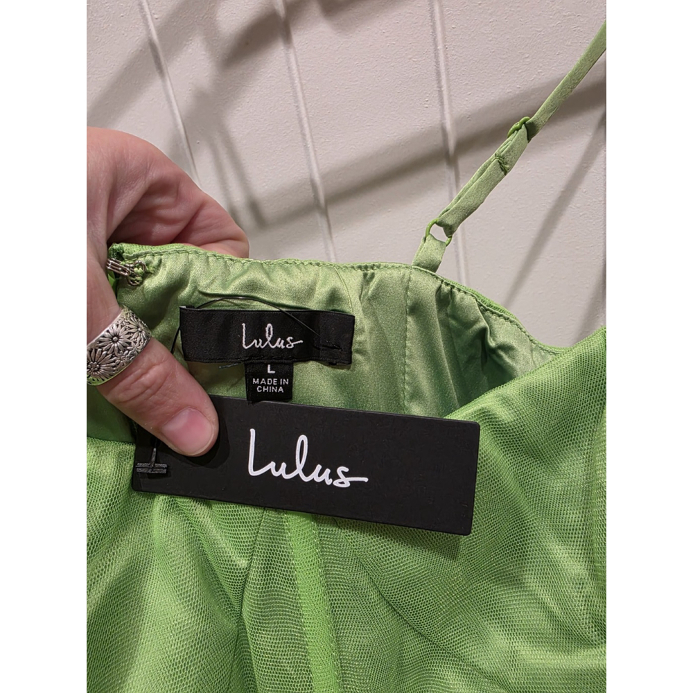 NWT $128 Lulus Rule the Runway Lime Green Tulle Tiered Maxi Dress Womens L - Picture 8 of 10